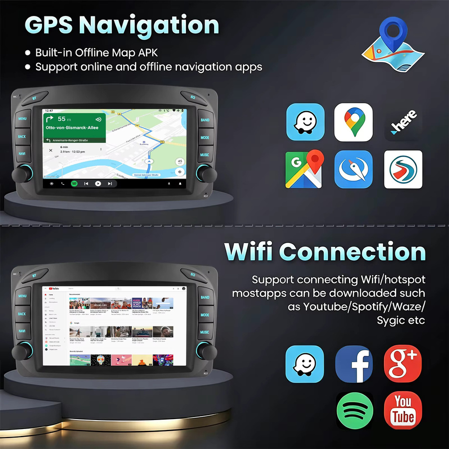 ESSGOO 7-Zoll Android 15 Autoradio für Mercedes-Benz CLK W209 C209 (2002-2004) mit 4+64G, Wireless Carplay, Android Auto, GPS, WLAN und Lenkradsteuerung in Schwarz - Bild 2