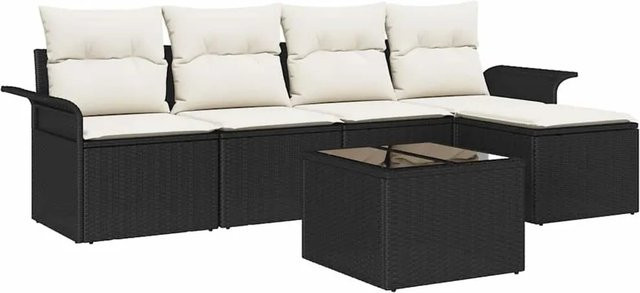 6-teiliges vidaXL Garten-Sofa-Set aus Polyrattan in Schwarz mit Kissen und Tisch - Bild 1