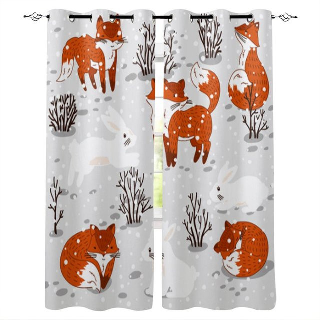 Super Six Fenstergardine mit Cartoon Tier-Motiv Igel Fuchs Hase in Grau, Breite: 135 cm, Höhe: 60 cm - Bild 1