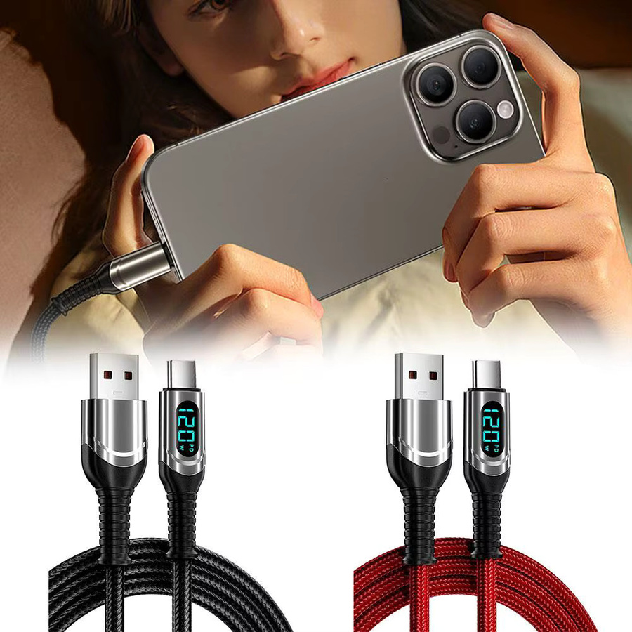 VBVC PD120W USB-C Datenkabel 6A mit Digitalanzeige in Rot für iPhone 15 16 17 Pro Max Xiaomi Samsung - Bild 2