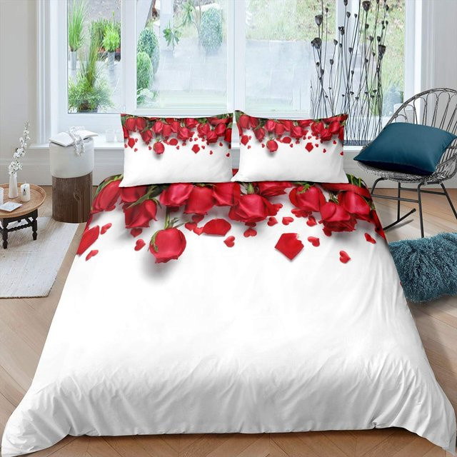 Bettwäsche-Set Your Warm Home mit Rosenblüten-Print in Rot und Weiß, King Size, B/H: 173 x 218 cm, bestehend aus 1 Bettbezug und 2 Kissenbezügen - Bild 1