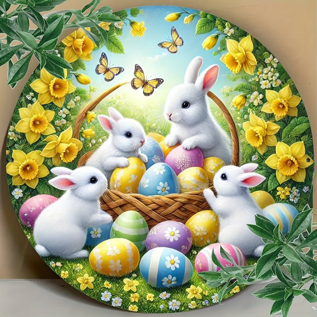 HELLOYOUNG Osterhasen Wandkunst aus Metall, rundes 2D-Dekorschild mit floralem Motiv in Mehrfarbig, Durchmesser: 20 cm - Bild 1
