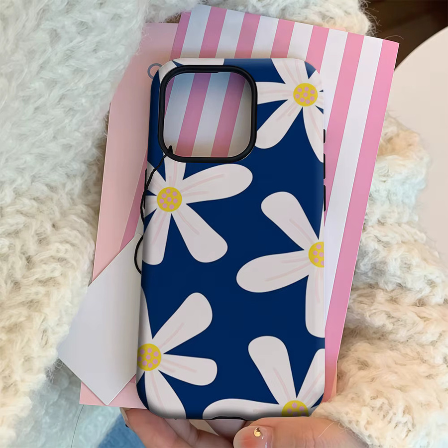 Handyhülle mit weißem Gänseblümchen-Design für Apple iPhone 11 bis iPhone 17 Pro Max Plus, doppelschichtige Rückseite, weiß und blau - Bild 4