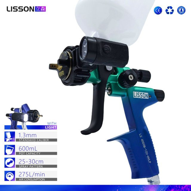 HVLP-Spritzpistole mit 1,3 mm Düse und LED-Licht für Lacke und wasserbasierte Farben in Blau-Grün-Farbverlauf - Bild 1