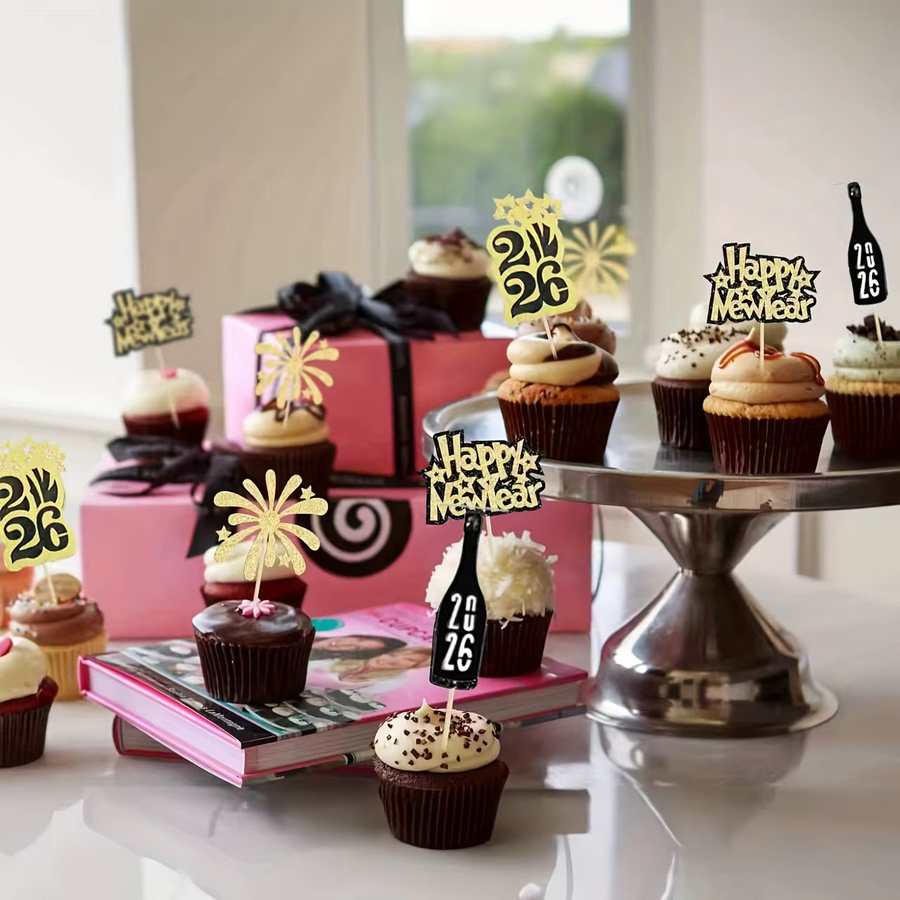 12er Set Cupcake-Topper Frohes Neues Jahr 2026 in Gold und Schwarz mit glitzerndem Feuerwerks-Design als Party-Dekoration für Kuchen und Gebäck - Bild 4