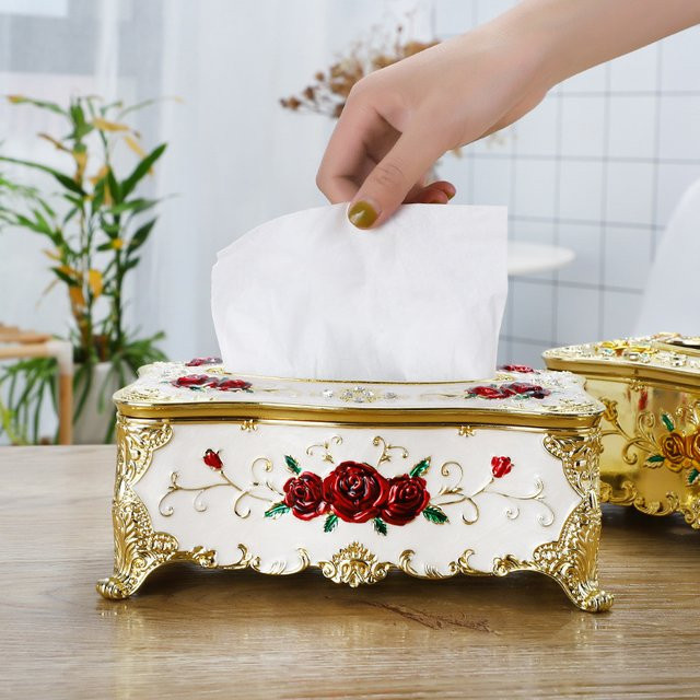 Papiertaschentuchbox mit Rosen-Design in Weiß aus Keramik und Resin für Haushalt und Auto - Bild 1