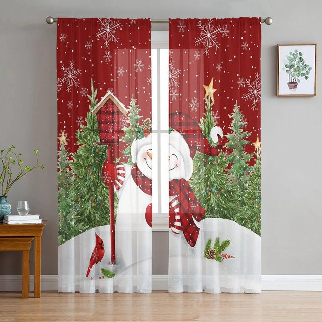 Transparente Weihnachts-Vorhänge mit Schneemann und Rotkehlchen in Braun, Tüll Voile für Wohnzimmer und Küche, Breite: 135 cm, Höhe: 115 cm - Bild 1