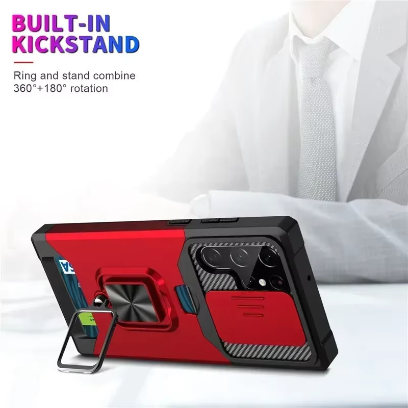 Samsung Galaxy S25 Ultra Armor Schutzhülle mit Ringständer, Kameraobjektivschutz und Wallet-Funktion für S24FE, A16, A06, A55 in Blau oder Rot - Bild 4
