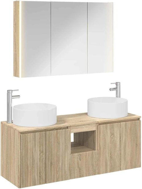 vidaXL Badezimmerschrank-Set 4-teilig in Sonoma-Eiche, modern mit LED-Beleuchtung und Spiegelschrank, Farbe Braun, B/T/H: 103,5 x 15,5 x 70 cm - Bild 1