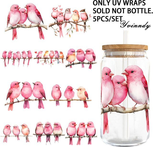 5er Set UV DTF Transferfolien Rosa Valentinstag Vögel für Tassen Dekoration - Bild 1