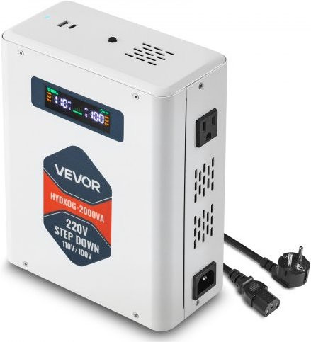 VEVOR Spannungswandler Abwärts 2000 VA Hochleistungs-Konverter 220 V auf 110 V Leistungstransformator mit 2 US-Steckdosen USB-Ausgang und LCD-Display in Weiß - Bild 1