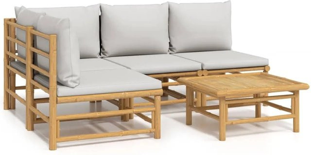vidaXL 5-tlg Garten-Lounge-Set aus Bambus mit grauen Polsterkissen in L-Form - Bild 1
