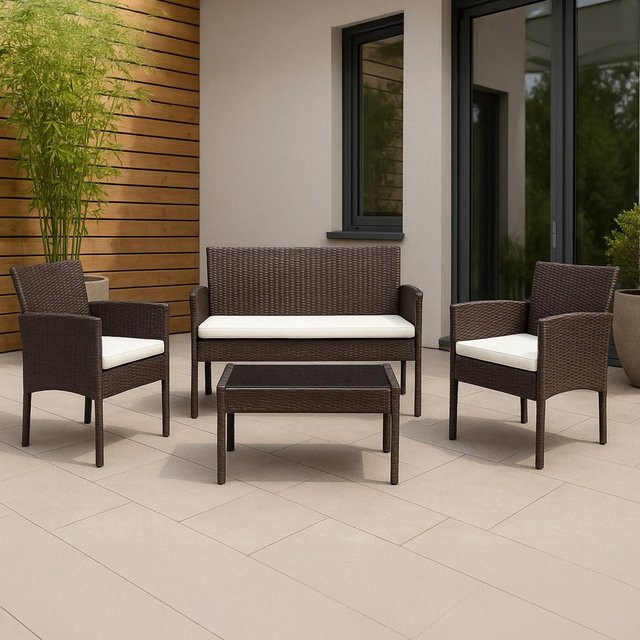 DELUKE Lounge-Gruppe NETOR Gartenmöbelset aus Rattan und Metall in Braun, B/T/H: 201 x 103 x 77 cm - Bild 1