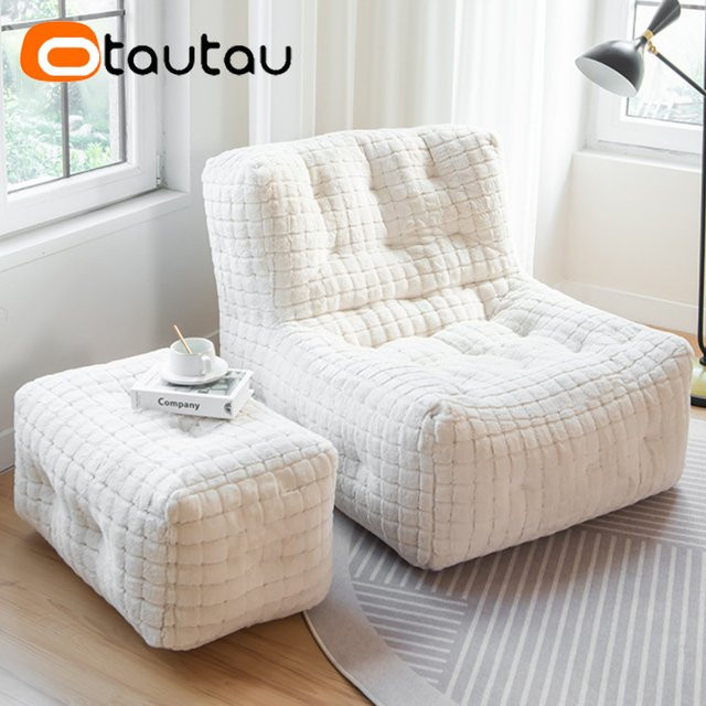Otautau Luxus Waffel Faux Bunny Pelz Hocker als Sitzsack Abdeckung in Beige und Weiß - Bild 1
