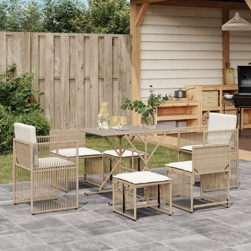 7-teilige Garten-Essgruppe aus Poly-Rattan und Metall in Beige mit Kissen von vidaxl - Bild 1