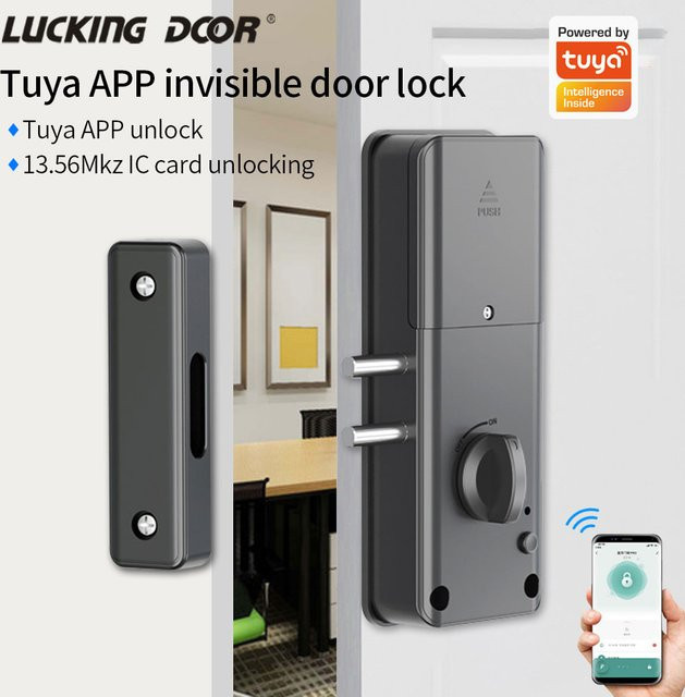 LUCKING DOOR Unsichtbares automatisches Motorbolzenschloss für Holztüren mit Tuya APP-Steuerung und IC-Karten-Schloss, Schwarz - Bild 1