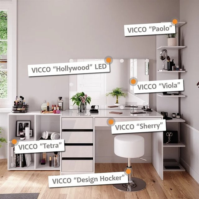 Vicco Schminktisch Sherry in Weiß Hochglanz mit LED-Spiegel, Hocker und Standregal, 4-teiliges Set - Bild 2