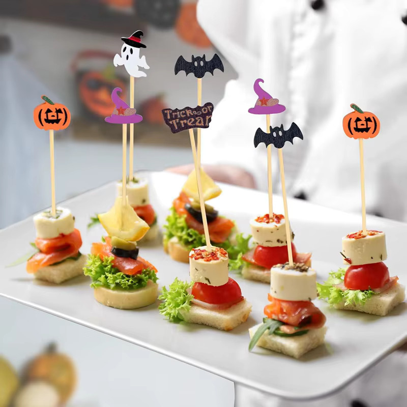 ZQNYCY Halloween Party Zahnstocher aus Bambus in Mehrfarbig mit Kürbis und Geist als Einweg Obstspieße und Dessertgabeln - Bild 4