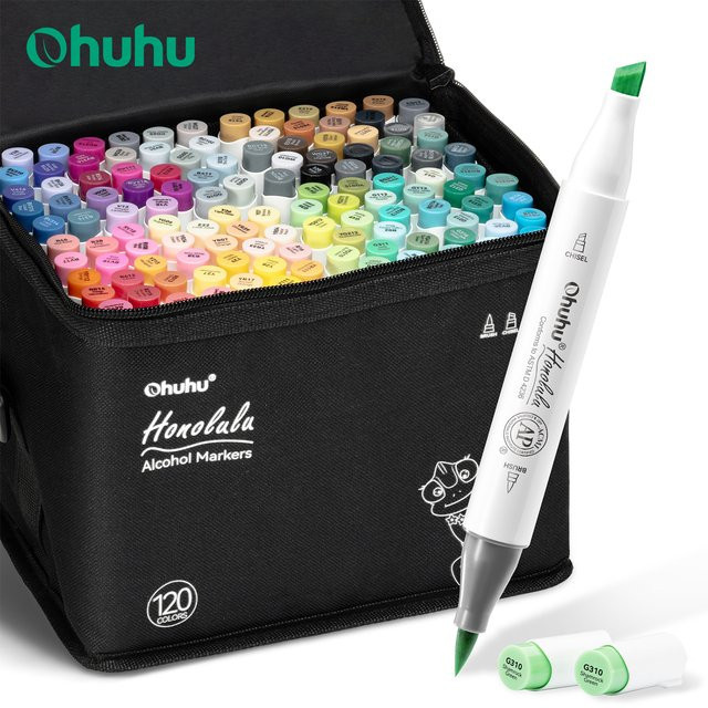 Ohuhu Honolulu Alkohol-Marker Set mit 120 Farben, nachfüllbare Kunstmarker mit Doppelspitze für Manga und Skizzen, Multicolor - Bild 1