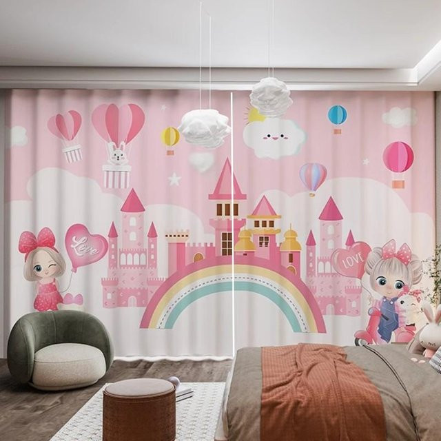 2er-Set Rosa Vorhangpaneele für Kinderzimmer mit Einhorn und Regenbogen-Print, halbtransparent, B/B: 50 x 100 cm - Bild 1