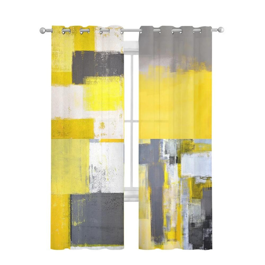 Yiran Furniture Transparente Voile Vorhänge in Gelb mit abstraktem geometrischem Ölgemälde-Design, Breite: 135 cm, Höhe: 115 cm - Bild 2
