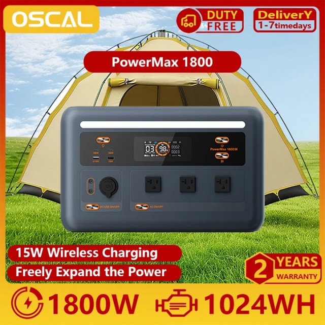 OSCAL PowerMax1800 Tragbare Powerstation in Grau mit 1024Wh LiFePO4 Akku, 1800W Nennleistung und 15W kabellosem Laden - Bild 1