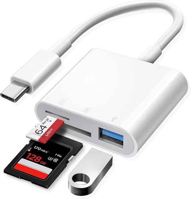 USB-C SD-Kartenleser und Micro-SD-Adapter in Weiß für iPhone 15–17, iPad und Mac Pro Air - Bild 1