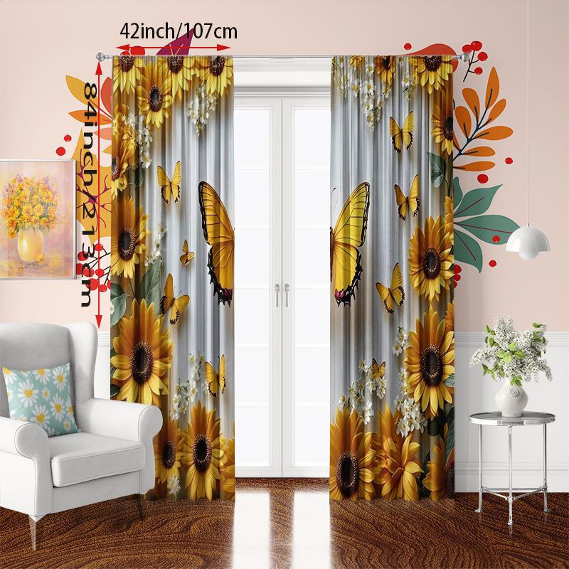 Yiran Furniture Sonnenblumen und Schmetterlinge Vorhänge aus Polyester, 2 Stück, halbtransparent, Mehrfarbig, B: 60 cm, H: 150 cm - Bild 2