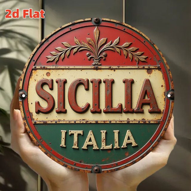 Potdemiel Vintage-Wandkunst aus Metall Sicilia Italia – 2D-Flachschild aus Aluminium in Rot zur Wandmontage - Bild 1