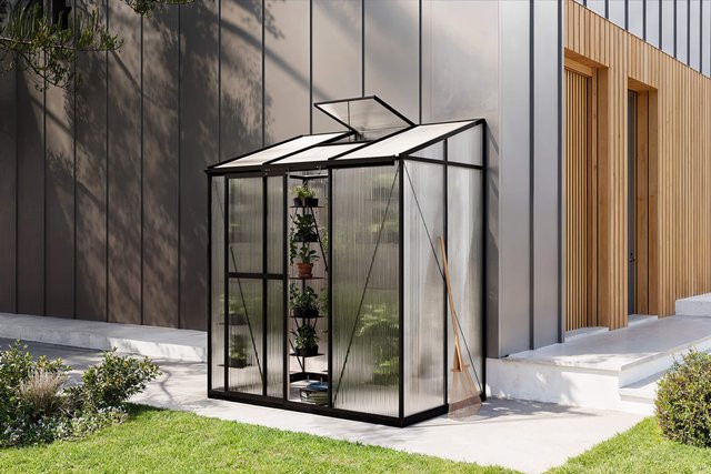 OUTFLEXX Verde Comfort Anlehn-Gewächshaus aus Aluminium und Polycarbonat, Schwarz, B: 160 cm, T: 105 cm, H: 190 cm - Bild 1