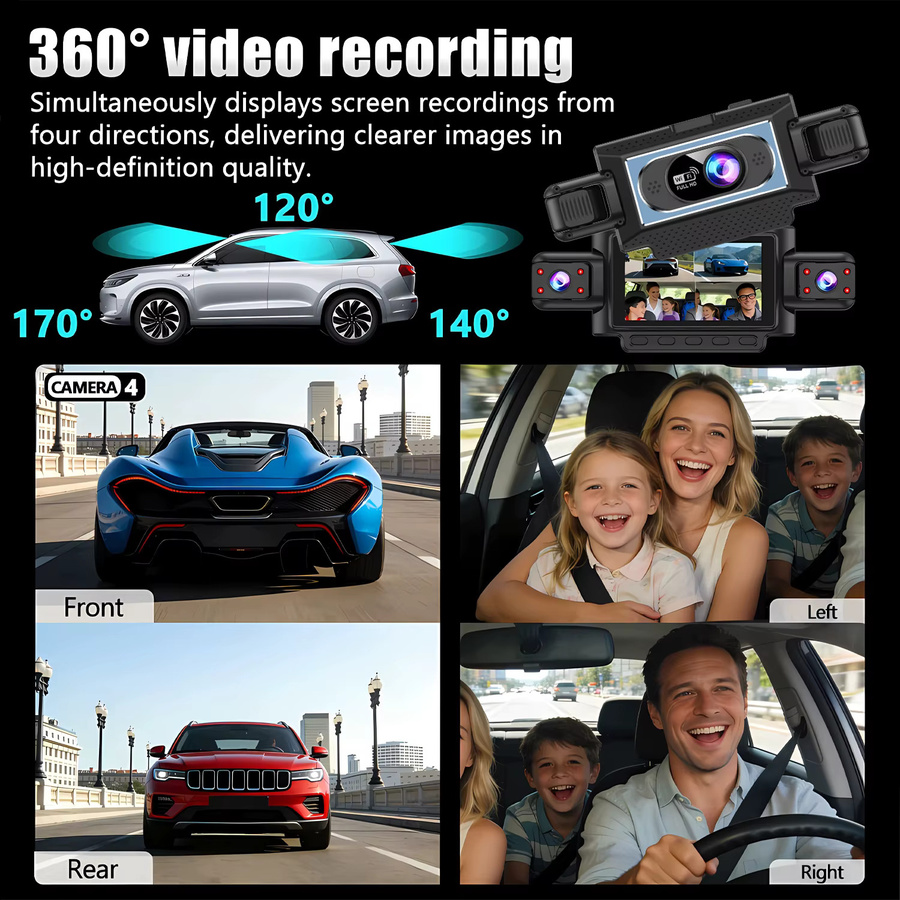 OMGO 4-Kanal 360-Grad Dashcam mit Wi-Fi, 1080P Auto-DVR und Rückfahrkamera, Schwarz - Bild 4