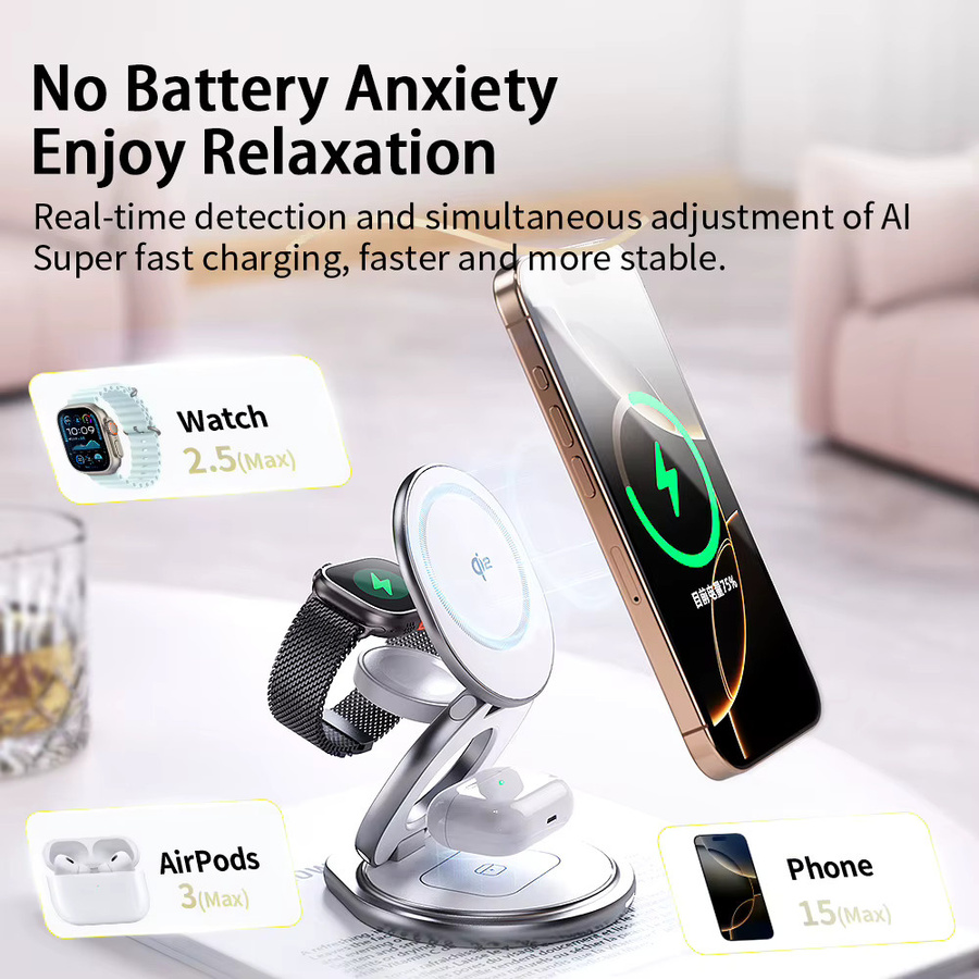 CrownQu 15W QI2 Magnetisches Kabelloses Ladegerät in Grau mit 360 Grad drehbarem und faltbarem Ladeständer für iPhone, Apple Watch und AirPods - Bild 2