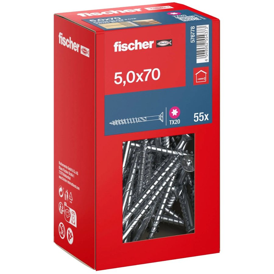 Fischer PowerFast II Senkkopf Teilgewinde Schraube mit Torx-Antrieb aus verzinktem Stahl, Farbe: Silber/Blau, Durchmesser: 5 mm, Länge: 70 mm, 55 Stück - Bild 2