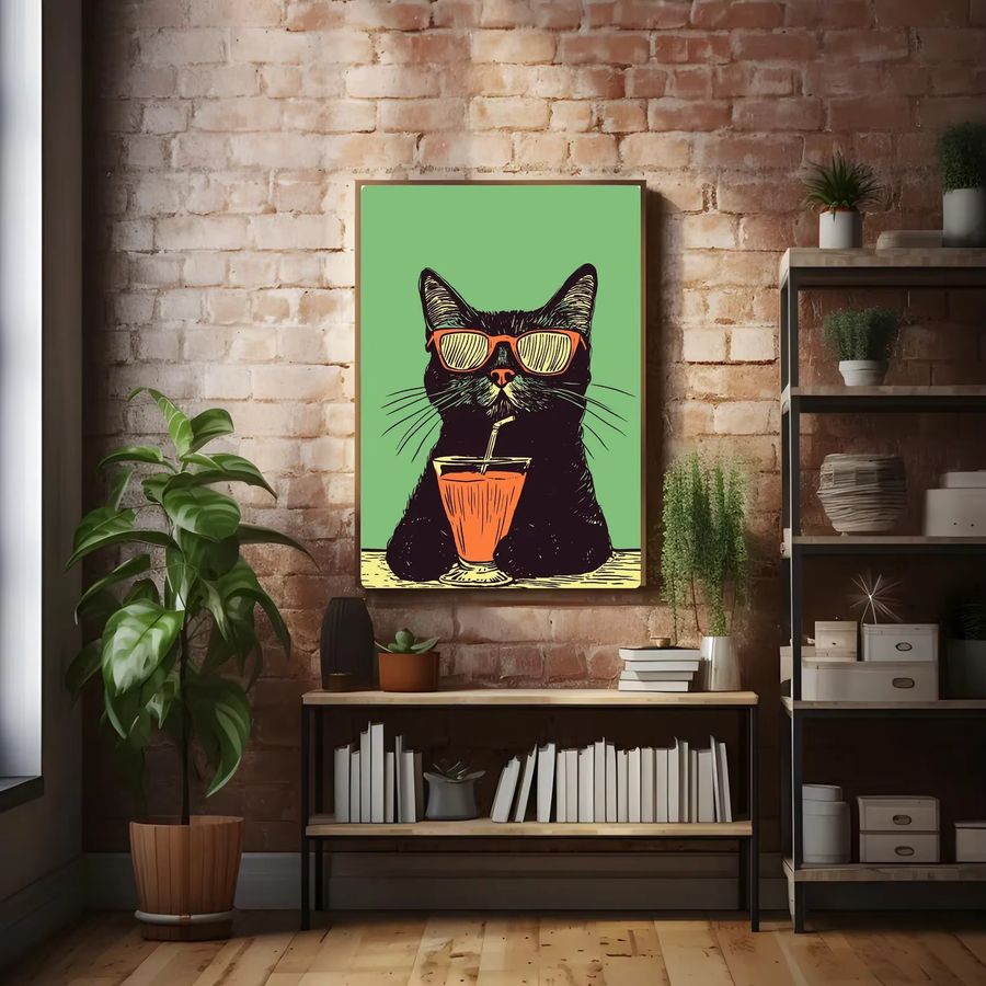 Retro-Poster von SHENCHEN mit schwarzen Katzen und Getränken in Schwarz und Grün - Bild 2