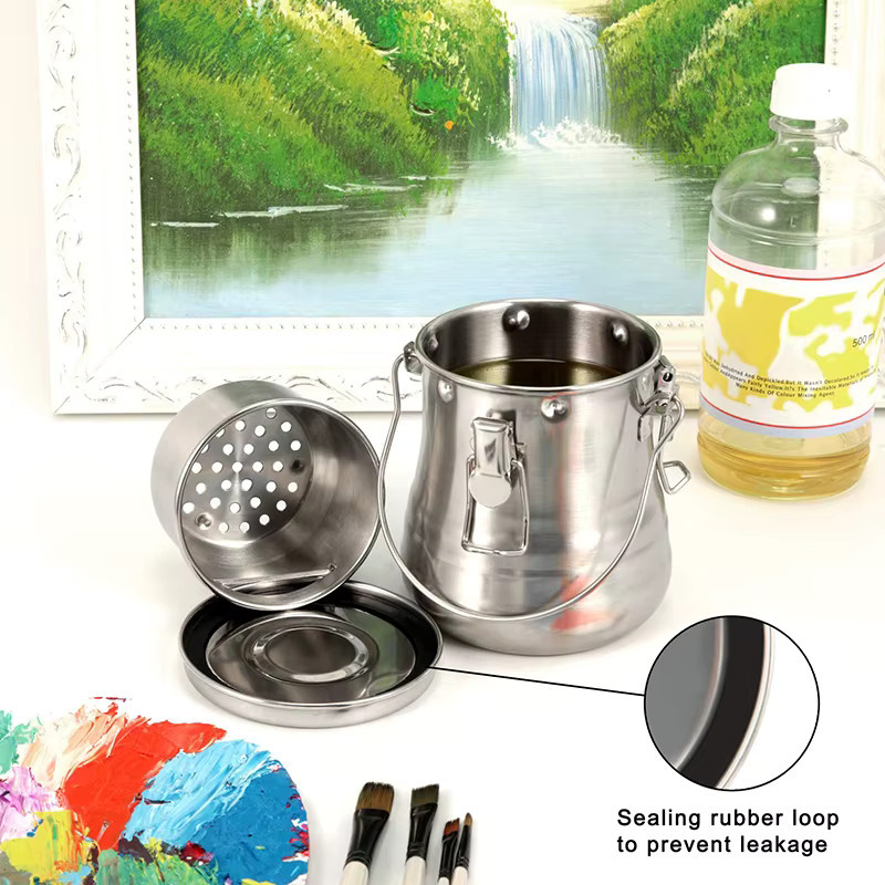 Edelstahl Pinselreiniger und Halter in Silber mit abnehmbarem porösem Filter, luftdichter Pinselwascher für Malbedarf, Größe groß - Bild 3