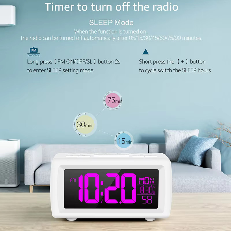 Niditon Retro FM-Radio-Wecker mit Digitalanzeige für Nachttisch und Wohnzimmer, Schwarz, 7-Farben-Schriftart mit Datum und Wochentag - Bild 5