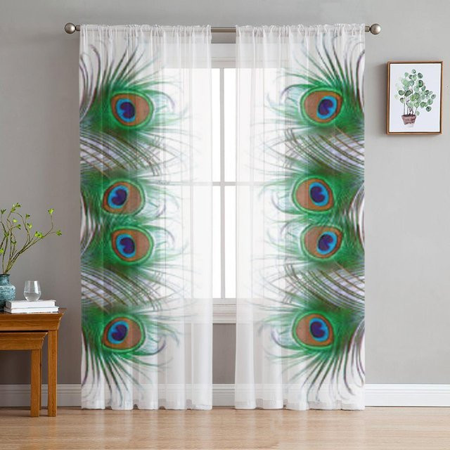 Transparente Voile Tüll Gardinen mit Pfauenfeder-Design in Multicolor, Breite: 135 cm, Höhe: 114 cm - Bild 1