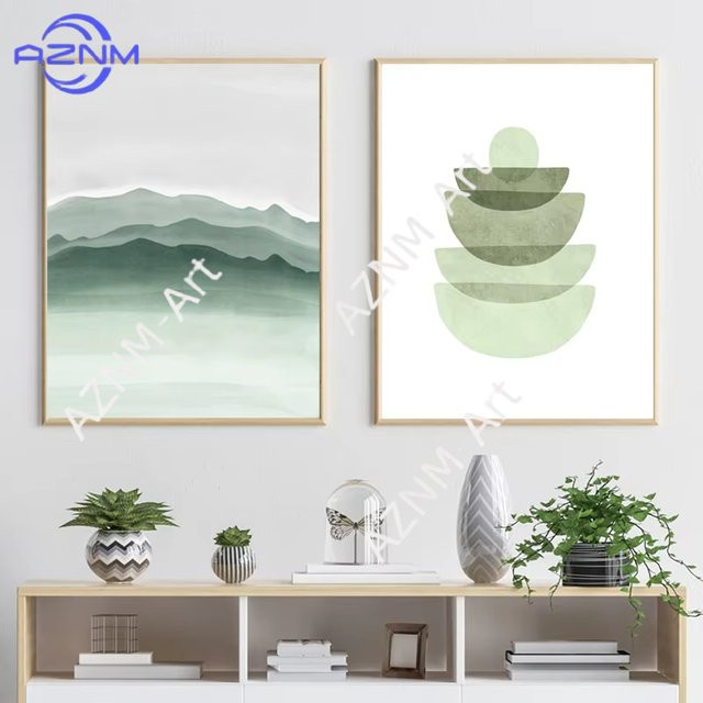 AZNM Wandbild Set mit abstrakten geometrischen Formen in Aquarell-Optik, Mintgrün, Nordisches Poster auf Leinwand - Bild 1