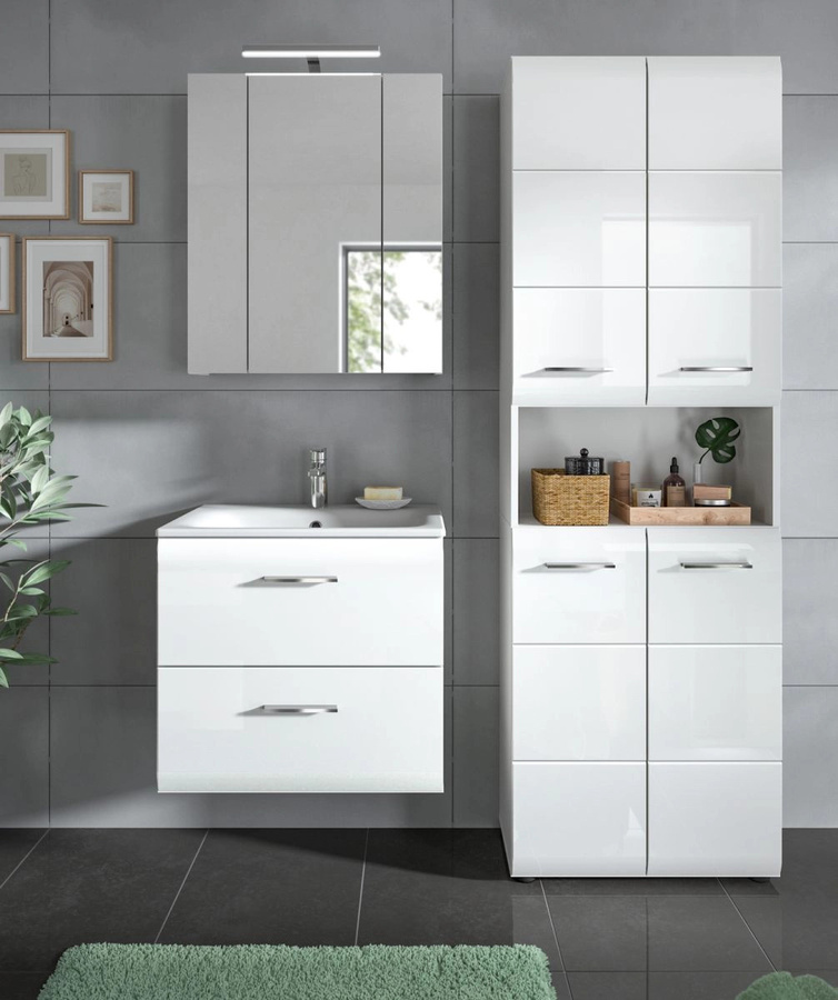 Inn.Furn Badmöbel Set Cover in Weiß Hochglanz, 3-teilig, mit Waschtischunterschrank, Spiegelschrank und Hochschrank, Breite: 135 cm - Bild 3