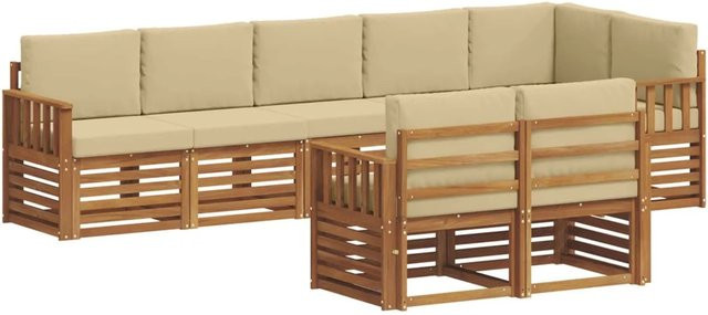vidaXL Sofagarnitur 8-teilig aus Massivholz Akazie in Natur und Beige mit L-Form und Polsterkissen - Bild 1