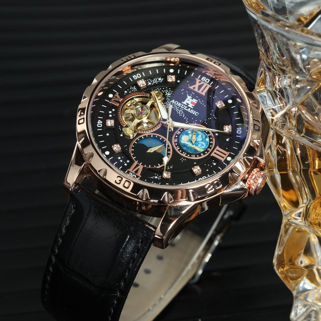 AOKULASIC Armbanduhr, Automatik, Tourbillon Skelett, Edelstahl, Leder, Herren - Bild 1