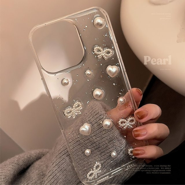 Luxus 3D Herz und Perlen Handyhülle mit Schleife für Apple iPhone 17 16 15 14 13 12 Pro Max, Transparent, Stoßfestes Softcover - Bild 1