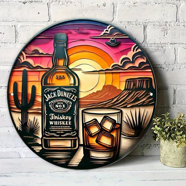 Potdemiel Vintage Whiskey Sunset Metallwandkunst aus Aluminium mit westlicher Wüstenlandschaft, rund, Durchmesser: 19,99 cm - Bild 1