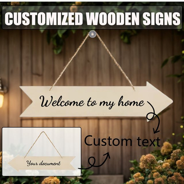 Personalisierte Holzpfeil-Plakette in Beige mit individuellem Text, einseitig bedruckte hängende Gartendekoration aus Holz im rustikalen Design - Bild 1