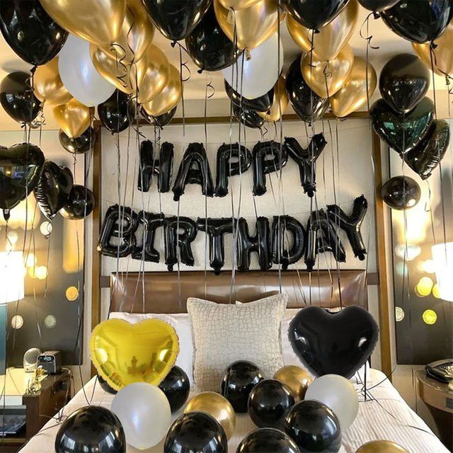 LQVYI Ballon-Set für Geburtstag und Baby Shower in Schwarz und Gold mit Herz- und Briefmotiven - Bild 1