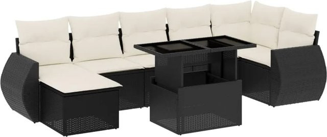 vidaXL 8-teilige Garten-Sofagarnitur in L-Form aus Poly-Rattan mit Kissen in Schwarz-Creme - Bild 1