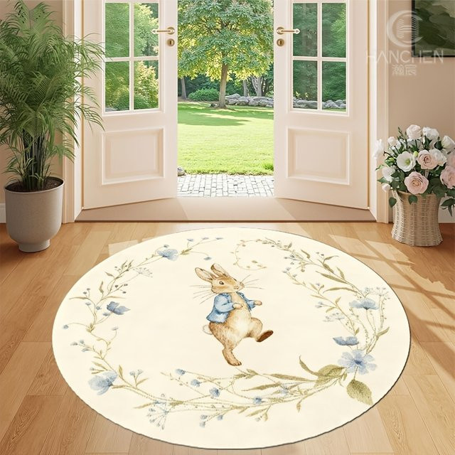 VIKAMA Peter Rabbit Rundteppich mit Aquarell-Blumenmuster im französischen Landhausstil, Multicolour, Durchmesser: 80 cm - Bild 1