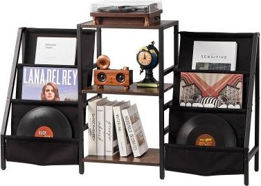 VEVOR 3-stufiger Schallplattenaufbewahrungsschrank aus Metall und Holz in Schwarz, Plattenspielerständer mit Vinyl-Halter für Wohnzimmer und Schlafzimmer, B/T/H: 74 x 30 x 30 cm - Bild 1
