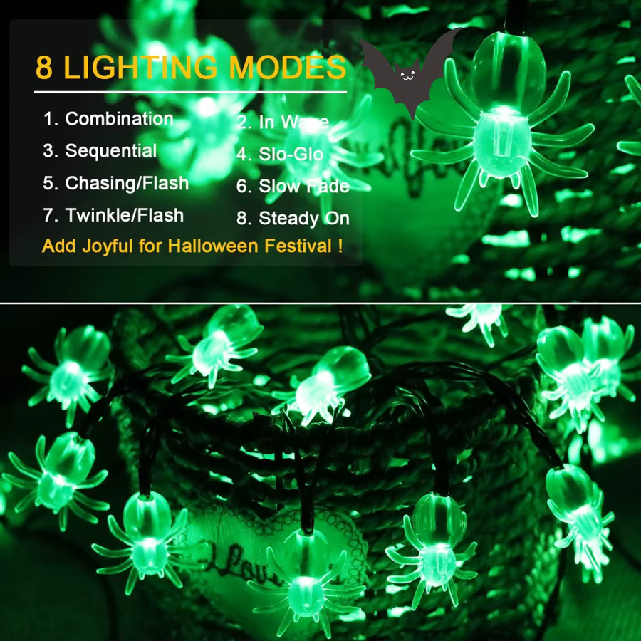 Peach Forest Grüne Spinne LED Lichterkette für Halloween mit 30 LEDs und 8 Beleuchtungsmodi, Wasserdicht für den Außenbereich - Bild 5