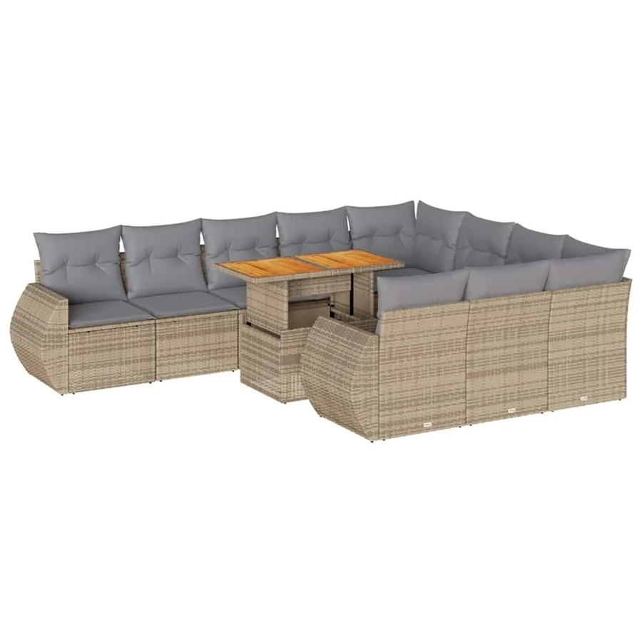 vidaXL 11-teilige Garten-Sofagarnitur in L-Form aus Poly-Rattan und Akazienholz mit Kissen in Beige-Grau - Bild 2